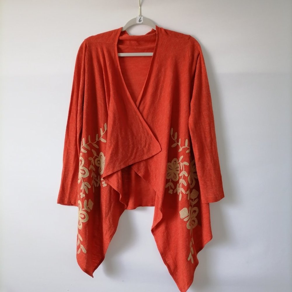 Young Threads Womens Orange Long Sleeve Embroidered Open Front Sweater Size M